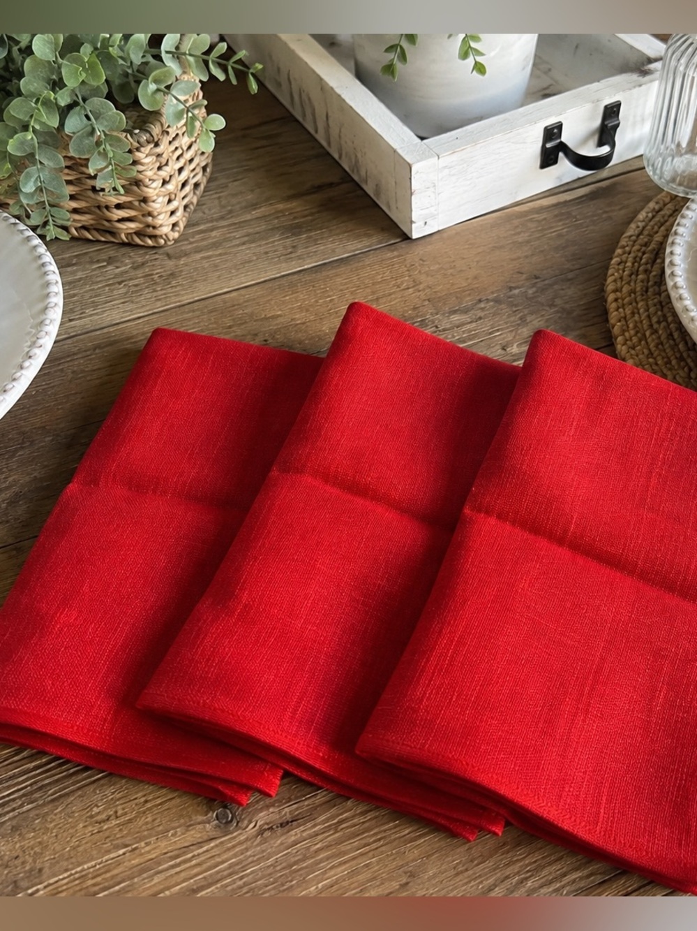 Bright Red Orange Linen Napkins - Set of 3 17x13 Rustic Farmhouse Table Decor